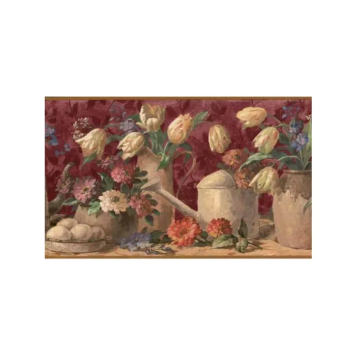 Watering Cans Flower Pots Burgundy Wallpaper Border