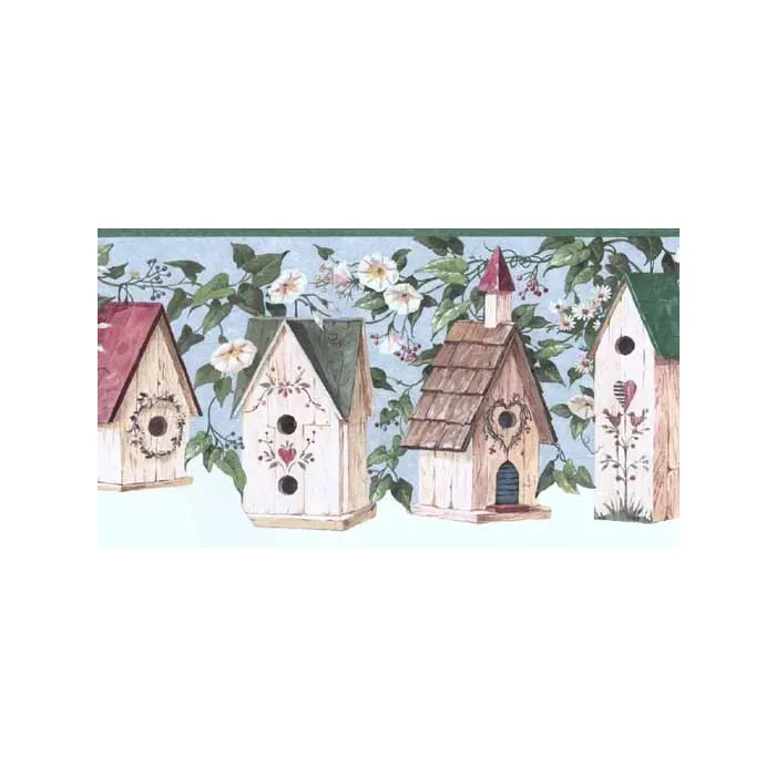 Green Vine With White Flowers & Birdhouse Wallpaper Border