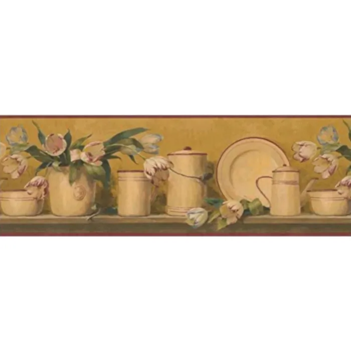 Enamelware & Tulip Bouquet Country Shelf Wallpaper Border - Red - Village
