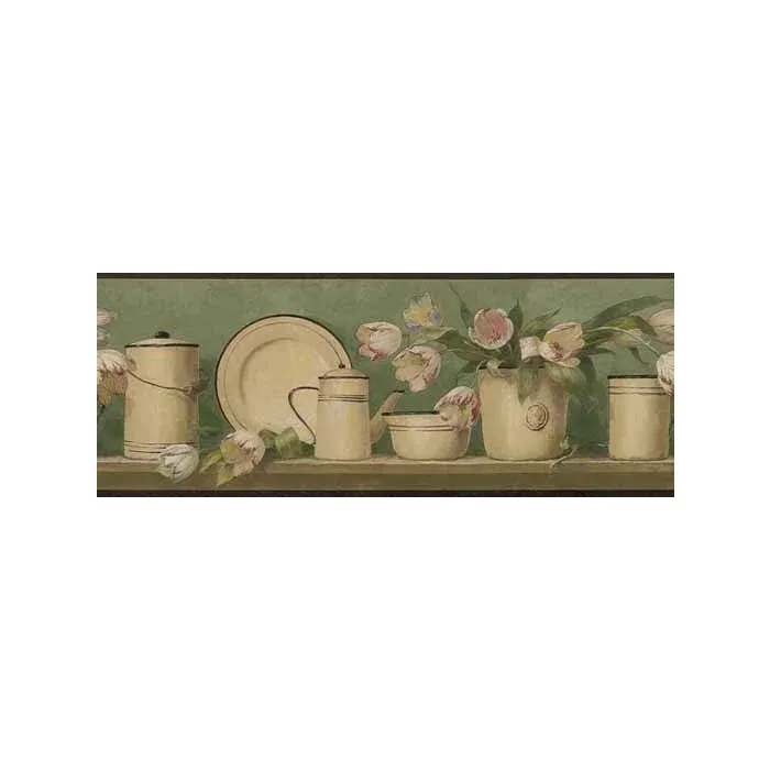 Enamelware & Tulip Bouquet Country Shelf Wallpaper Border - Green - Village