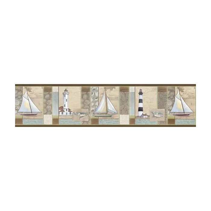 Mashpee Beige White Crossing wallpaper border Chesapeake DLR53542B