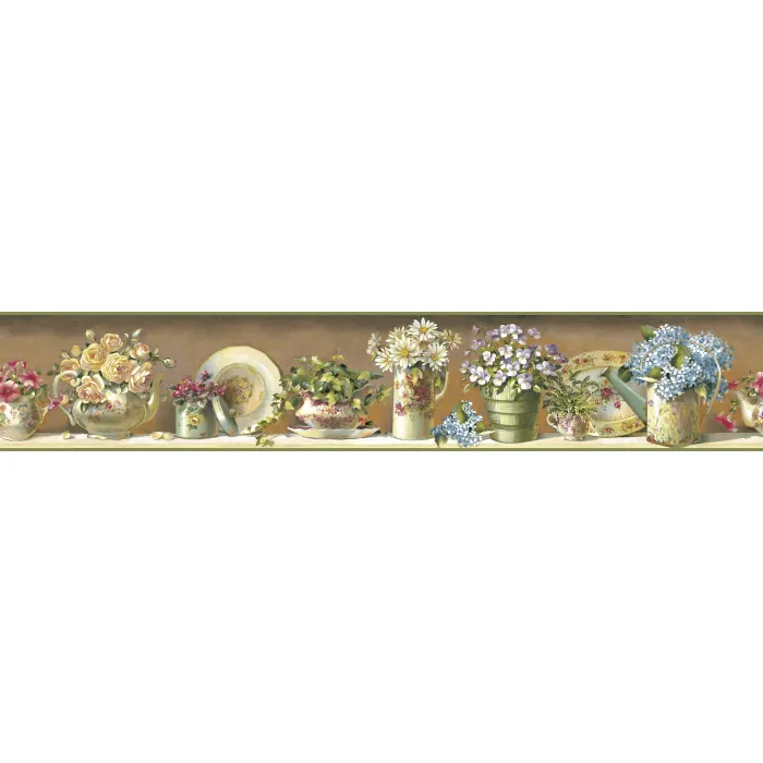 Brown Gardeners Tea Set Wallpaper Border Chesapeake FFR05101B