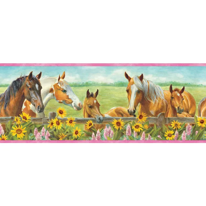 Harmony Pink Horses Sunflowers Portrait Wallpaper Border Chesapeake BBC92073B