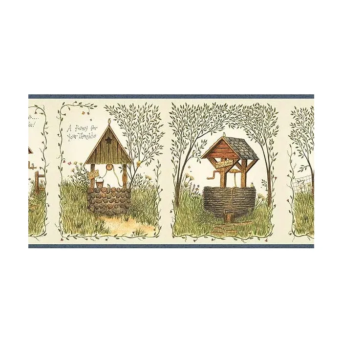 Blue Penny for Your Thoughts Wishing Well Wallpaper Border - Chesapeake Wallcoverings