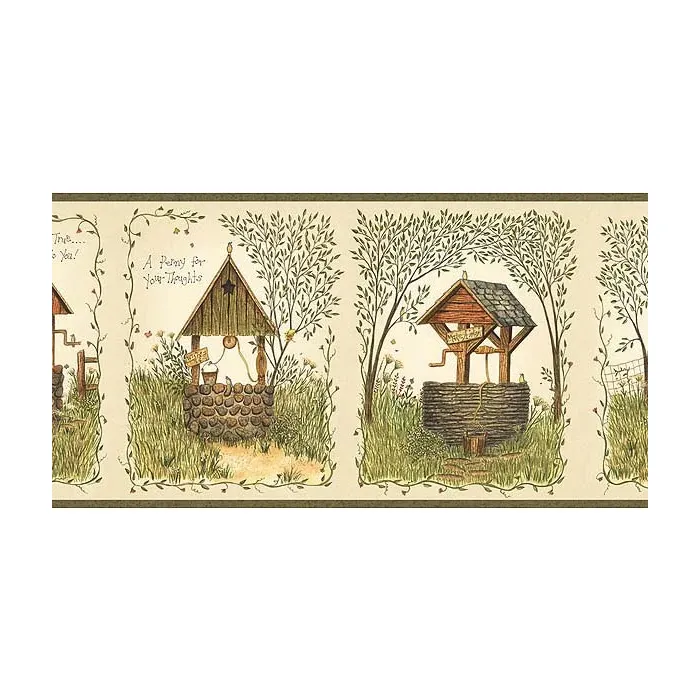 Linda Spivey Green Wishing Well Wallpaper Border - Chesapeake Wallcoverings