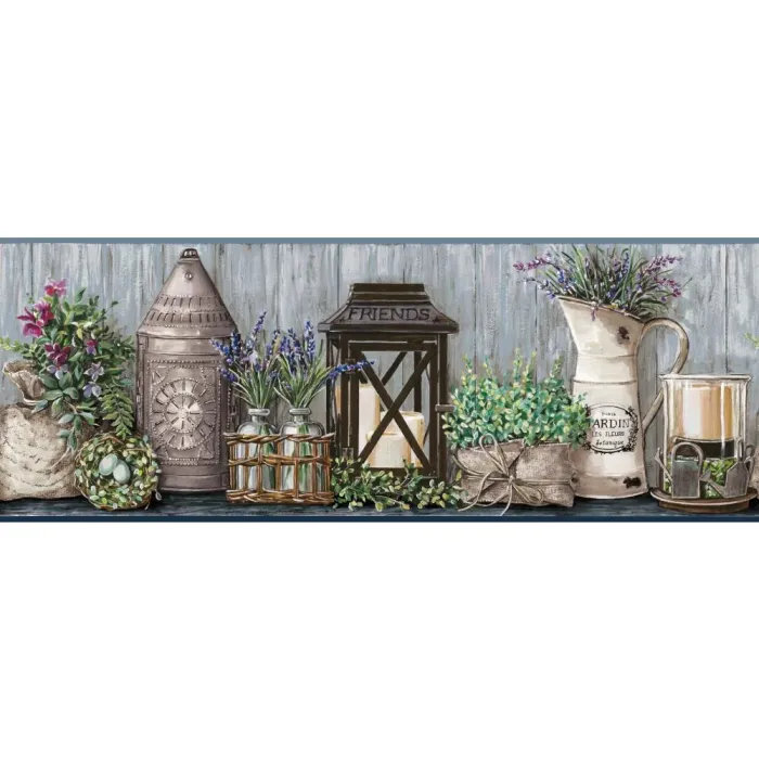 Country Keepsakes Garden Wallpaper Border - Grey Trim - York Wallcoverings