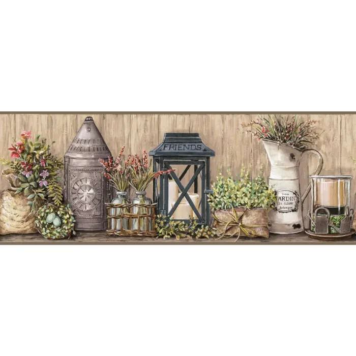 Country Keepsakes Garden Wallpaper Border - Brown Trim - York Wallcoverings