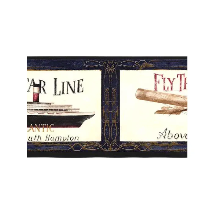 Blue Antique Airplane and Ship Wallpaper Border - AW0589B