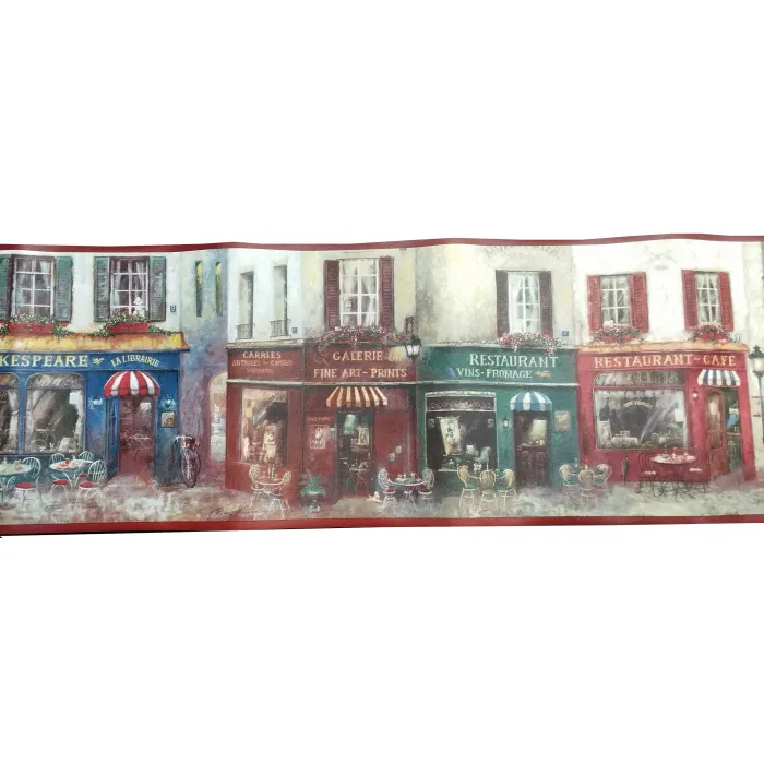 French Cafe Restaurant Wallpaper Border - Red Trim - Patton Norwall