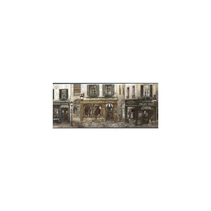 French Cafe Restaurant Wallpaper Border - Blue Trim - Patton Norwall