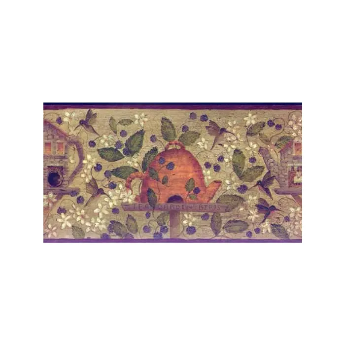 Tea Kettle Bird Houses Wallpaper Border