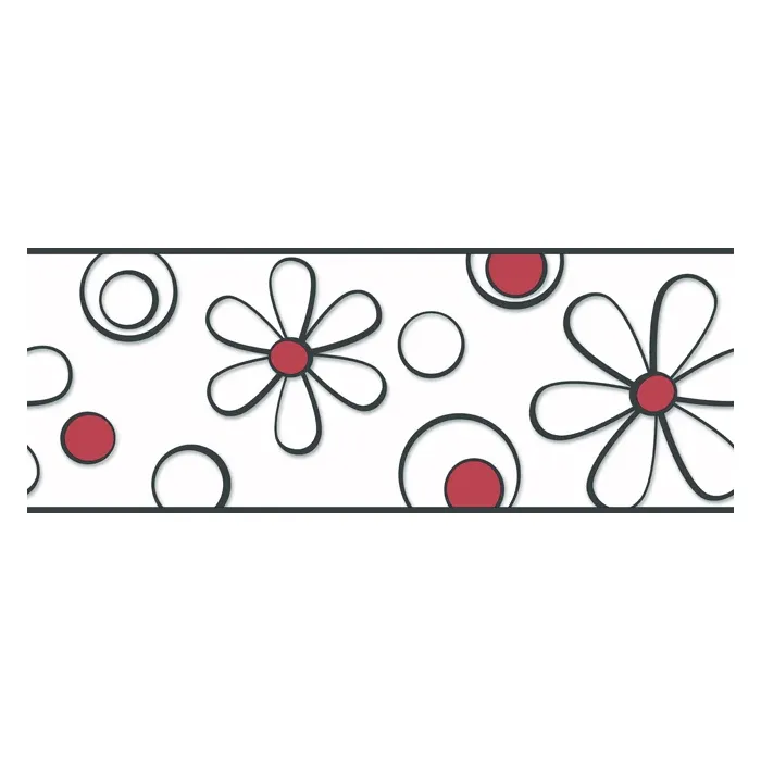 Black & White Daisy Flowers With Red Center Wallpaper Border - York