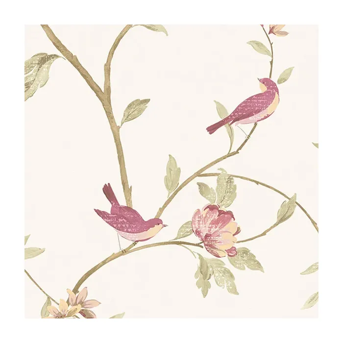 Floral Bird Sidewall Wallpaper Raspberry, Cream Norwall Wallcovering CG28803