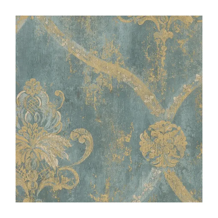 Regal Damask Wallpaper Metallic Gold, Turquoise Norwall Wallcovering CH28248
