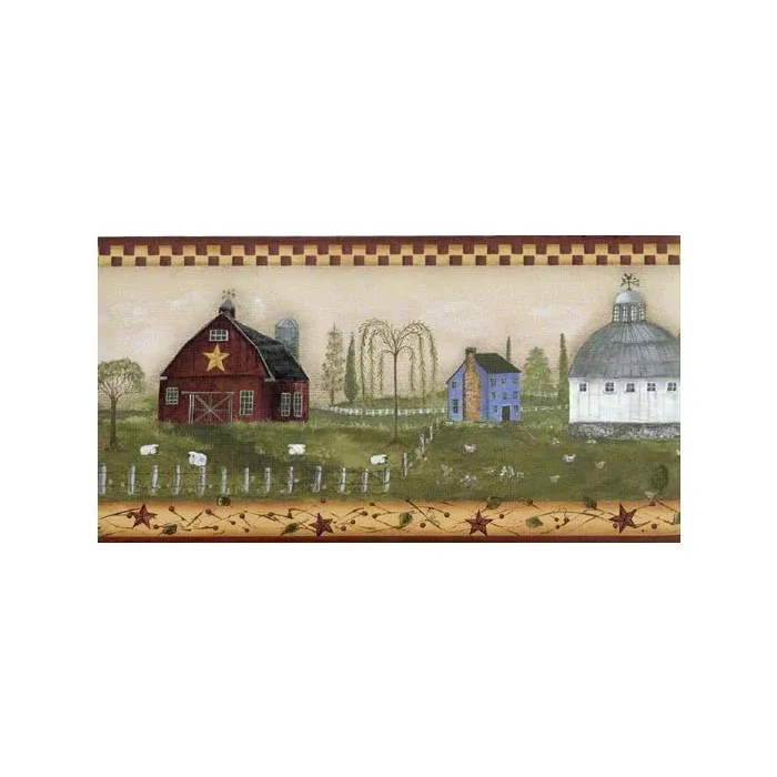 Burgundy Primitive Farm Wallpaper Border