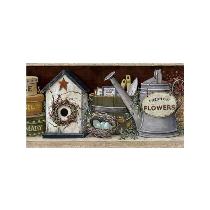 Crackle Burgundy Birdhouse Wall paper Border