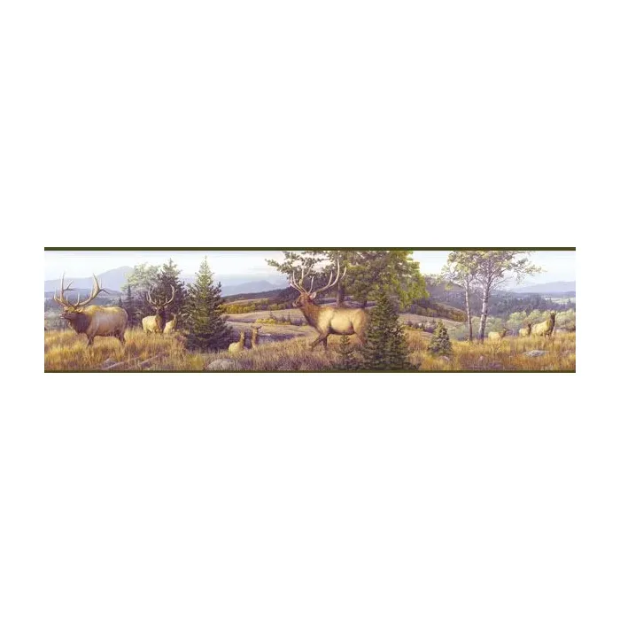 Elk On Mountain Wallpaper Border - Green Trim - Chesapeake Wallcovering