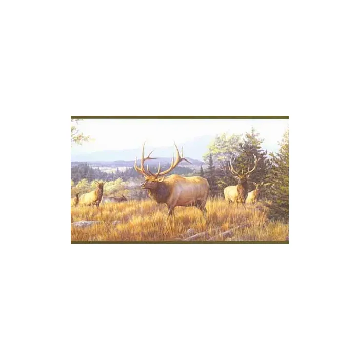 Elk On Mountain Wallpaper Border - Green Trim - Chesapeake Wallcovering