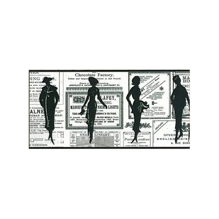 Black Newsprint Silhouette Wallpaper Border