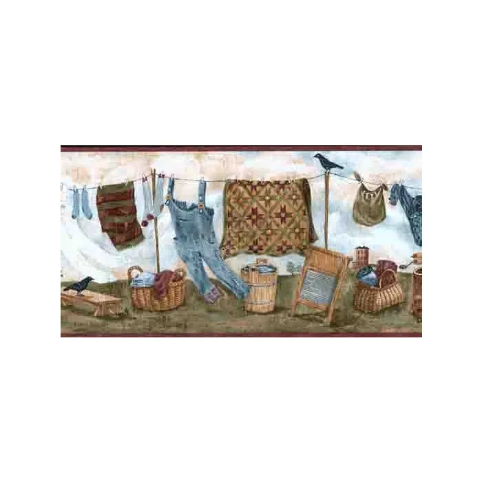 Rustic Charm Laundry Burgundy Wallpaper Border