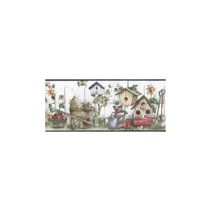 Birdhouses & Picket Fence Wallpaper Border - Hometrends