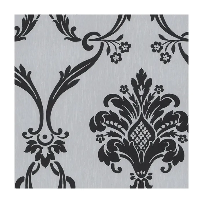 Flock Damask Wallpaper Silver, Black Norwall Wallcovering CS27371