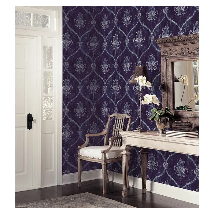 Regal Damask Wallpaper Blue, Metallic Silver Norwall Wallcovering CS35601