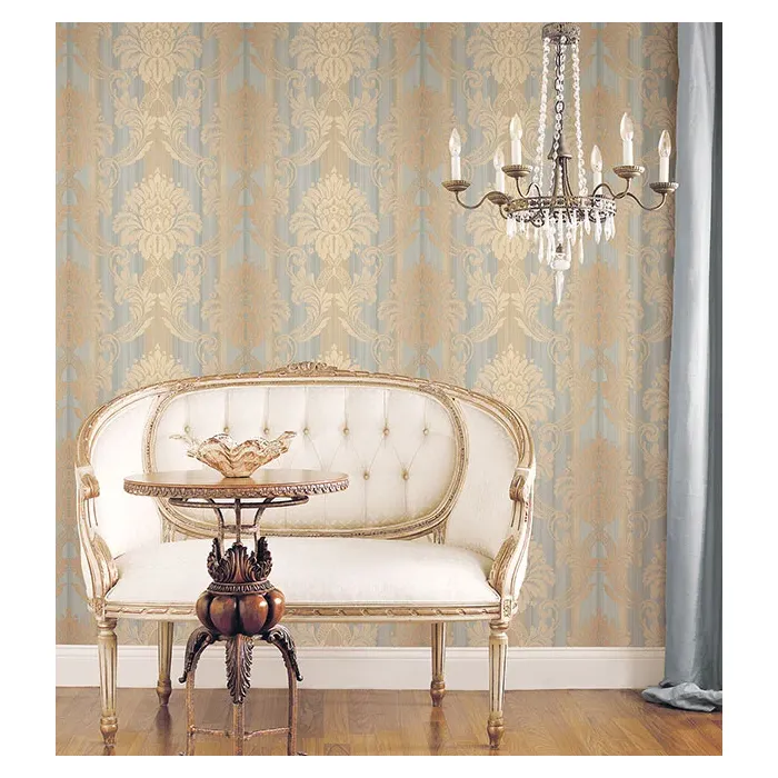 String Damask Wallpaper Blue, Beige, Metallic Gold Norwall Wallcovering CS35603