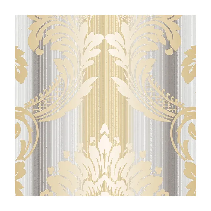 String Damask Wallpaper Grey, Metallic Gold Norwall Wallcovering CS35605
