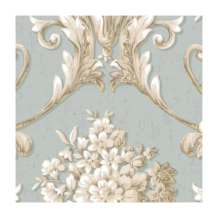 Floral Damask Wallpaper Blue, Beige, Metallic Gold Norwall Wallcovering CS35621
