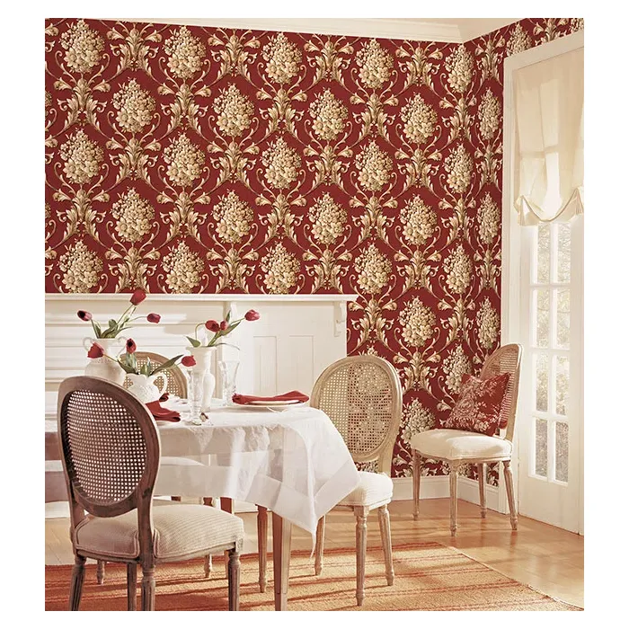 Floral Damask Wallpaper Red, Metallic Gold Norwall Wallcovering CS35622