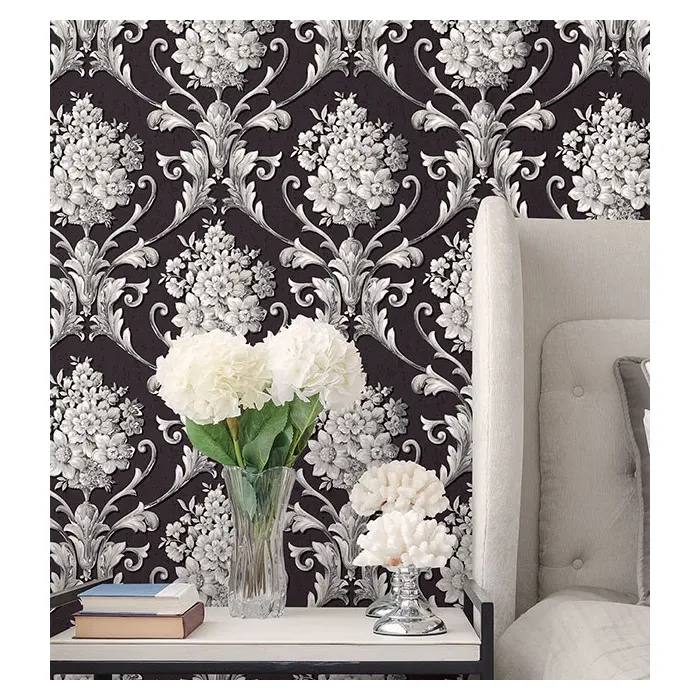 Floral Damask Wallpaper Black, Metallic Silver Norwall Wallcovering CS35625