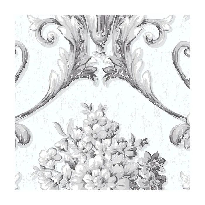 Floral Damask Wallpaper White, Metallic Silver Norwall Wallcovering CS35626