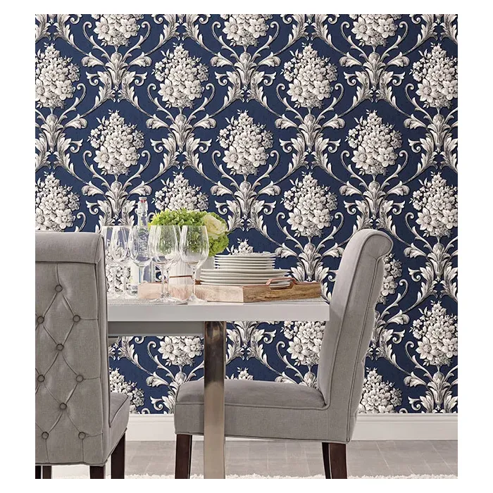 Floral Damask Wallpaper Navy, Metallic Silver Norwall Wallcovering CS35627