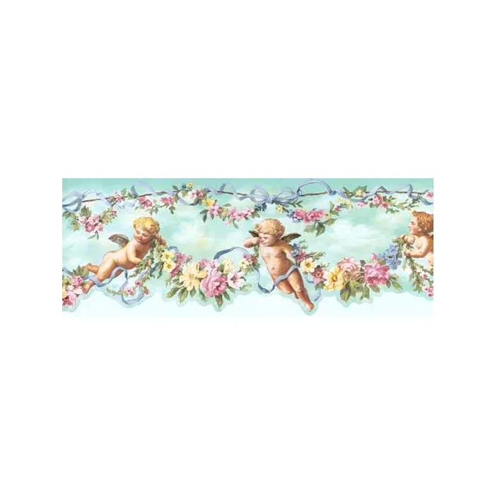 Teal Cherub and Ribbon Wallpaper Border