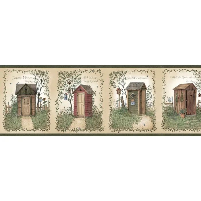 Fennel Wheat Outhouse Portrait Blocks Wallpaper Border Chesapeake BBC50321B