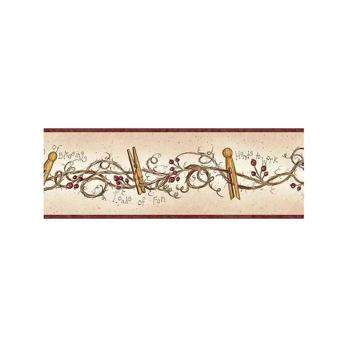 Burgundy Clothespin and Rosehip Wallpaper Border FAM65043B
