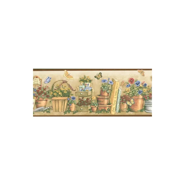 Gardening, Butterflies and Pansies Wallpaper Border