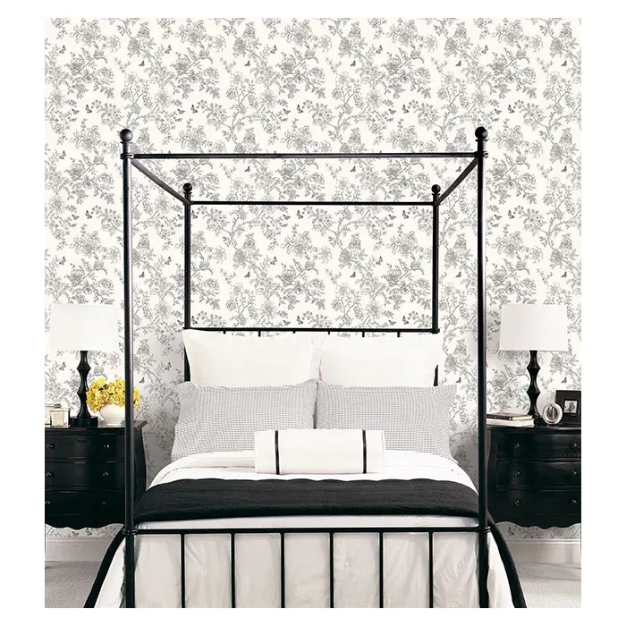 Butterfly Toile Wallpaper Grey, Black, White, Charcoal Norwall Wallcovering FH37540