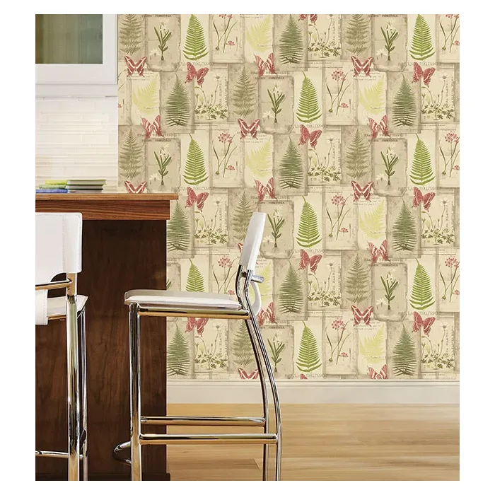 Parchment Ferns Wallpaper Red, Green, Brown Norwall Wallcovering FK34416