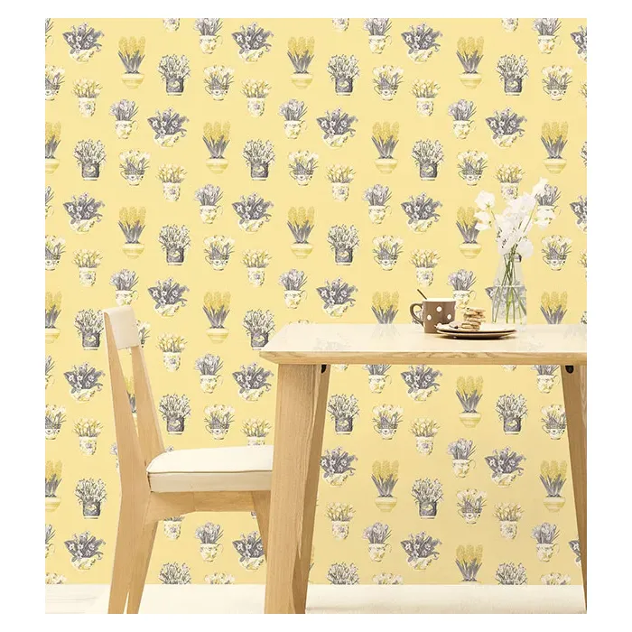 Printemps Tea Cups Wallpaper Yellow, Grey Norwall Wallcovering FK34420
