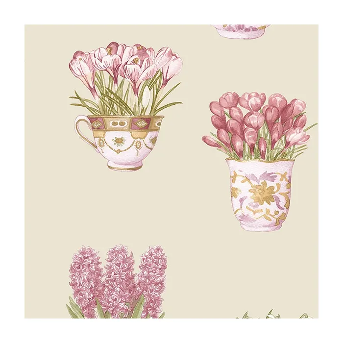 Printemps Tea Cups Wallpaper Beige, Pink, Green, Cream Norwall Wallcovering FK34421