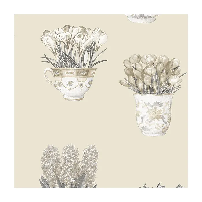Printemps Tea Cups Wallpaper Beige, Charcoal, Black Norwall Wallcovering FK34422