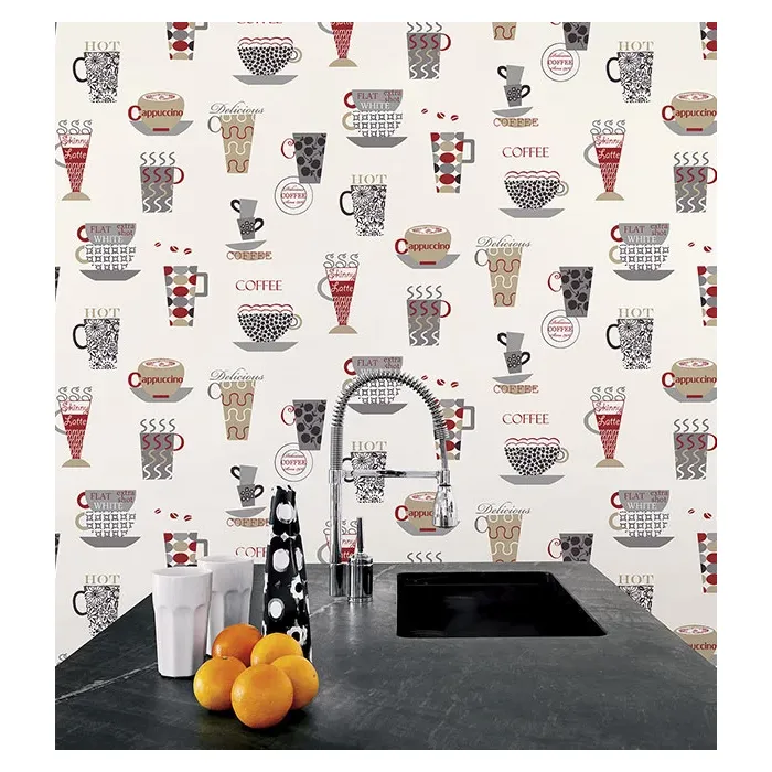 Coffee Time Wallpaper Red, Metallic Silver, Tan Norwall Wallcovering FK34427