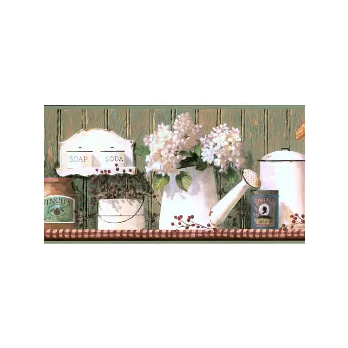 Country Tins Green Wood Wallpaper Border