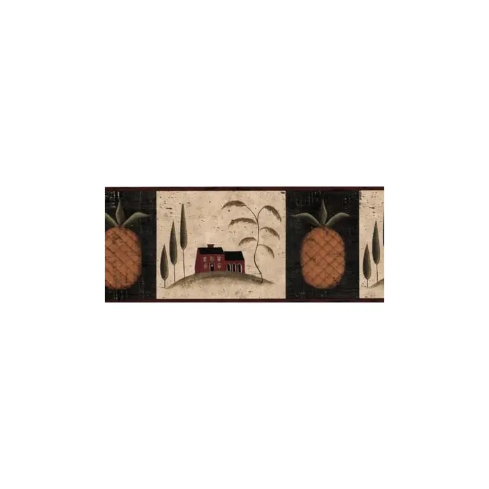 Burgundy Pineapple Folk Art Wallpaper Border - Chesapeake Wallcovering