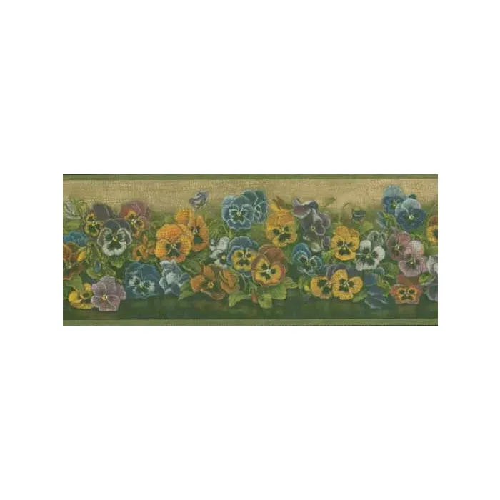 Pansies Crackle Green Wallpaper Border - Chesapeake Wallcovering