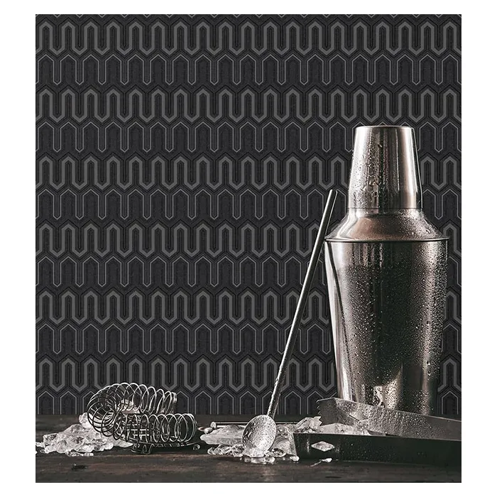 Zig Zag Wallpaper Black, Ebony, Metallic Silver Norwall Wallcovering GX37614