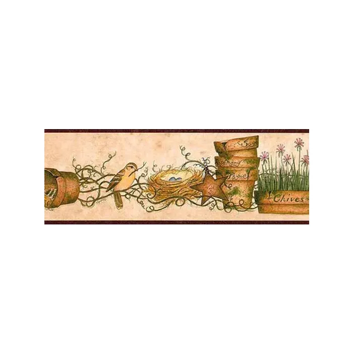 Burgundy Pot of Herbs Wallpaper Border