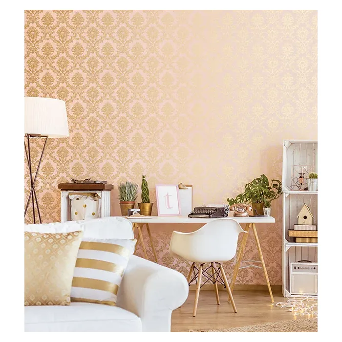 In Register Classic Damask Wallpaper Metallic Gold, Pink Norwall Wallcovering IM36406